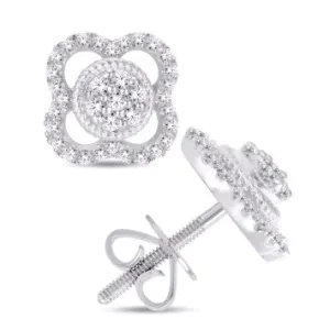 14 Karat White Gold 0.25 Carat Diamond Milgrain Flower Earrings