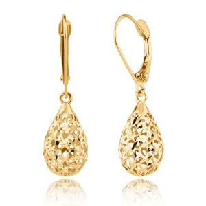 14K Yellow Gold Filigree Teardrop Shape Dangle Earrings