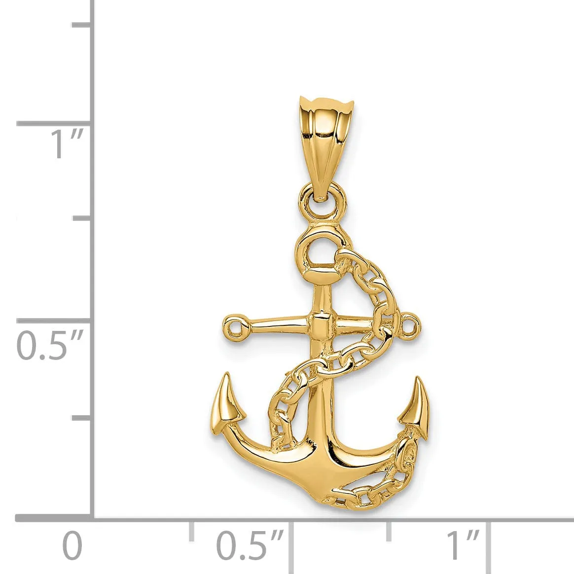 14K Yellow Gold Polished Finished Soild Anchor and Chain Design Charm Pendant