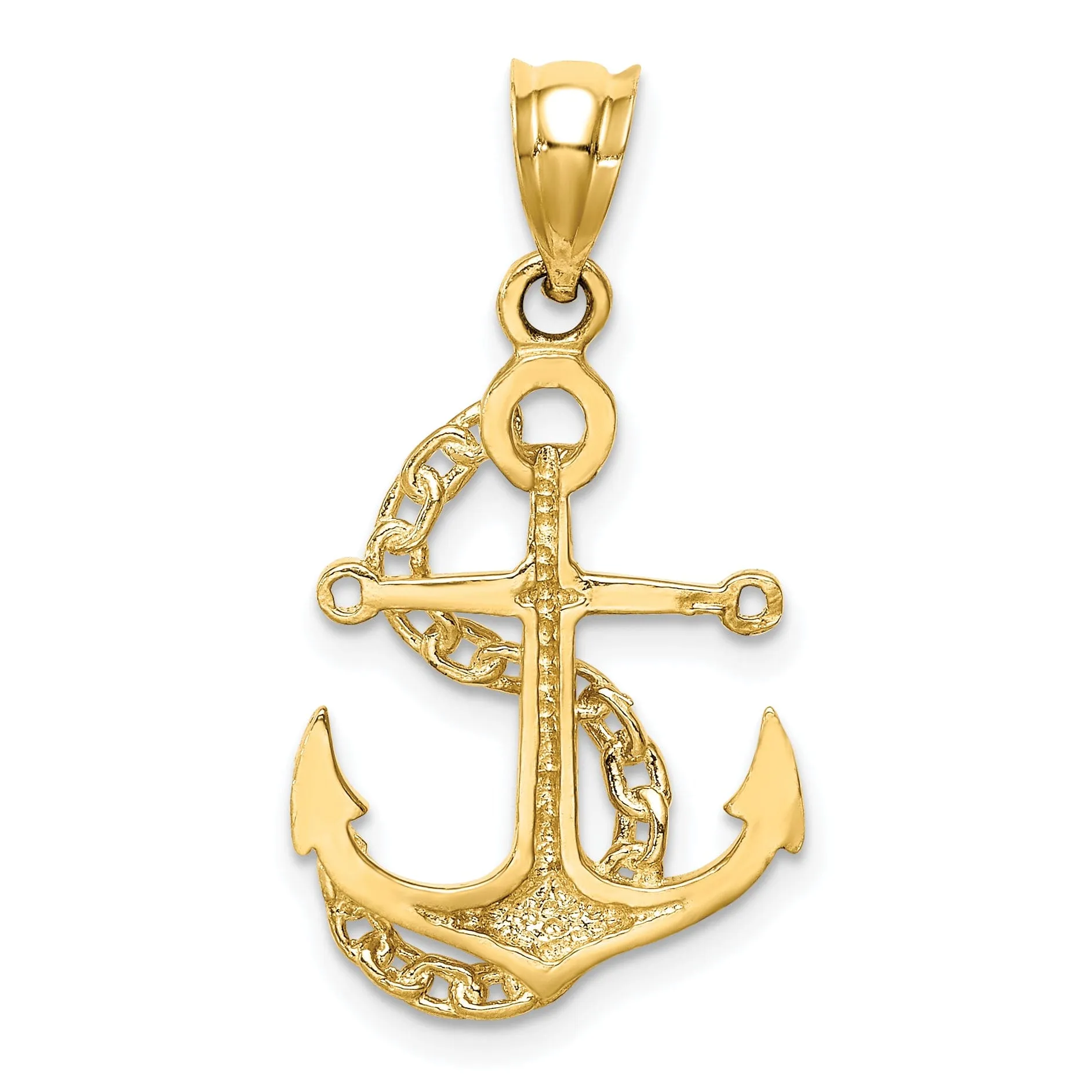 14K Yellow Gold Polished Finished Soild Anchor and Chain Design Charm Pendant