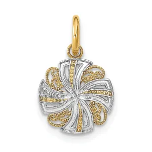 14K Yellow Gold, White Rhodium Polished Finish Filigree Beaded Mini Pinwheel Design Medallion Pendant