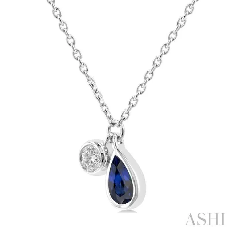 1/50 ctw Pear Cut 5X3MM sapphire and Bezel Set Round Cut Diamond Precious Necklace in 10K White Gold