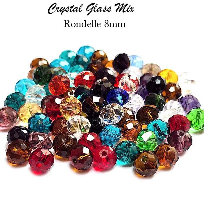 50 Grams Pkg. Multi color shade, Rondelle Faceted Crystal Mix, glass beads, Size mostly in size about 8mm