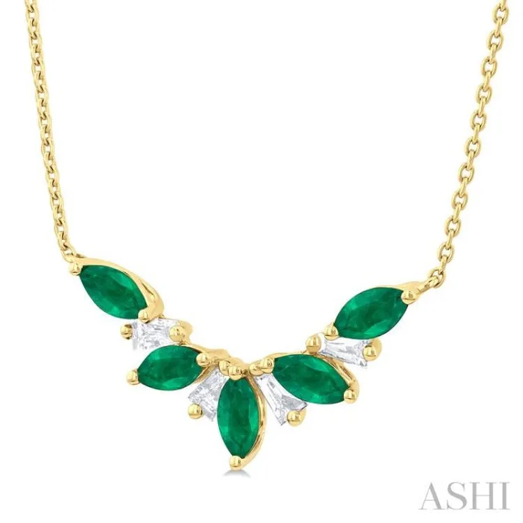 5X2.5MM Marquise Cut Emerald and 1/6 ctw Baguette Cut Diamond Precious Gemstone Necklace in 14K Yellow Gold