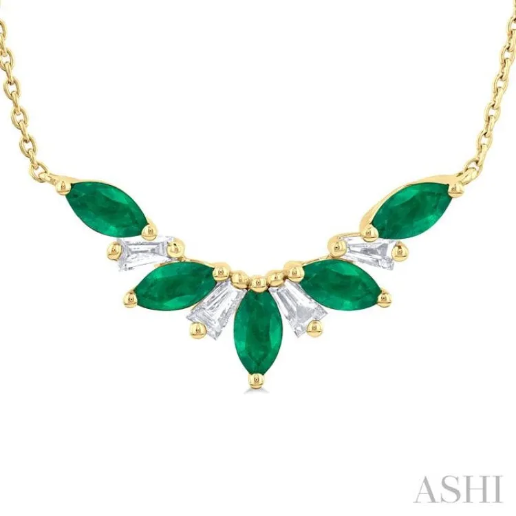 5X2.5MM Marquise Cut Emerald and 1/6 ctw Baguette Cut Diamond Precious Gemstone Necklace in 14K Yellow Gold