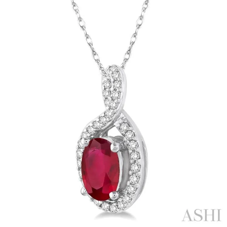 6x4 MM Oval Cut Ruby and 1/10 Ctw Round Cut Diamond Pendant in 14K White Gold with Chain