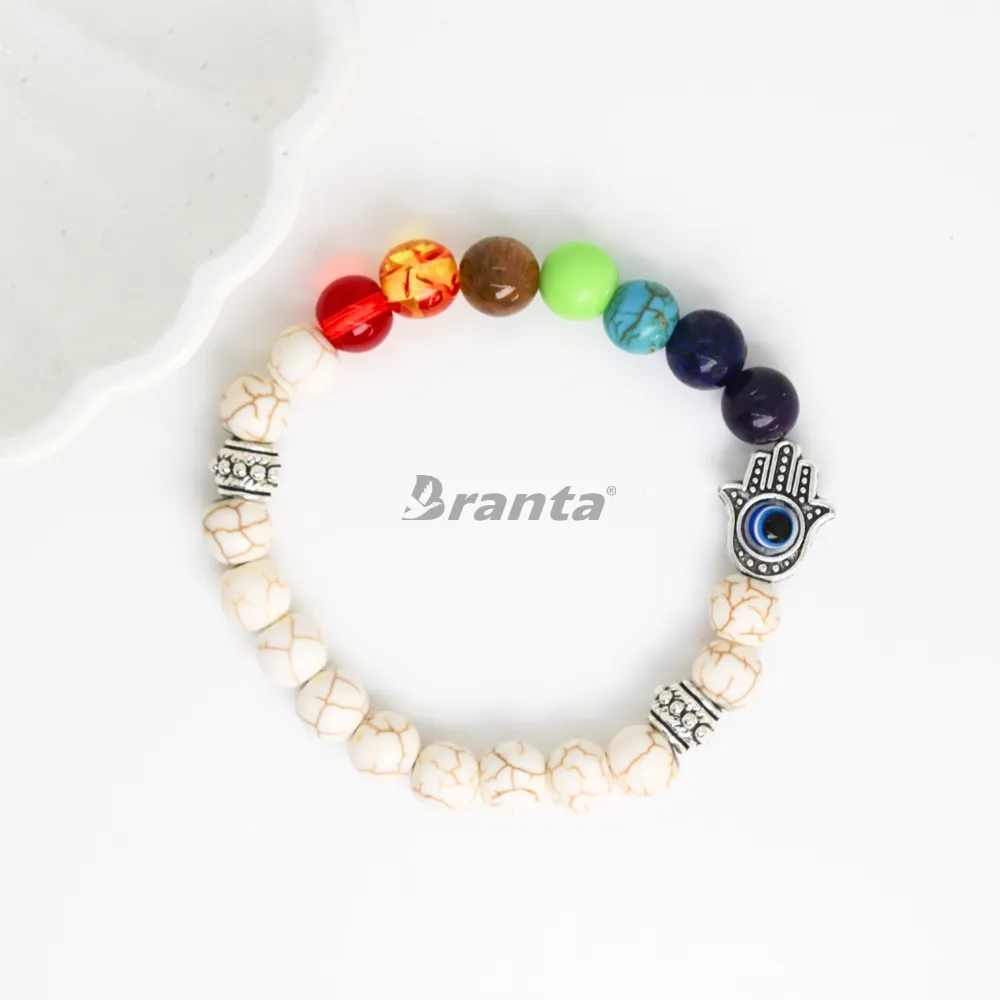 7 Chakra   Howlite White   Silver Hamsa Hand Evil Eye Bracelet For Women