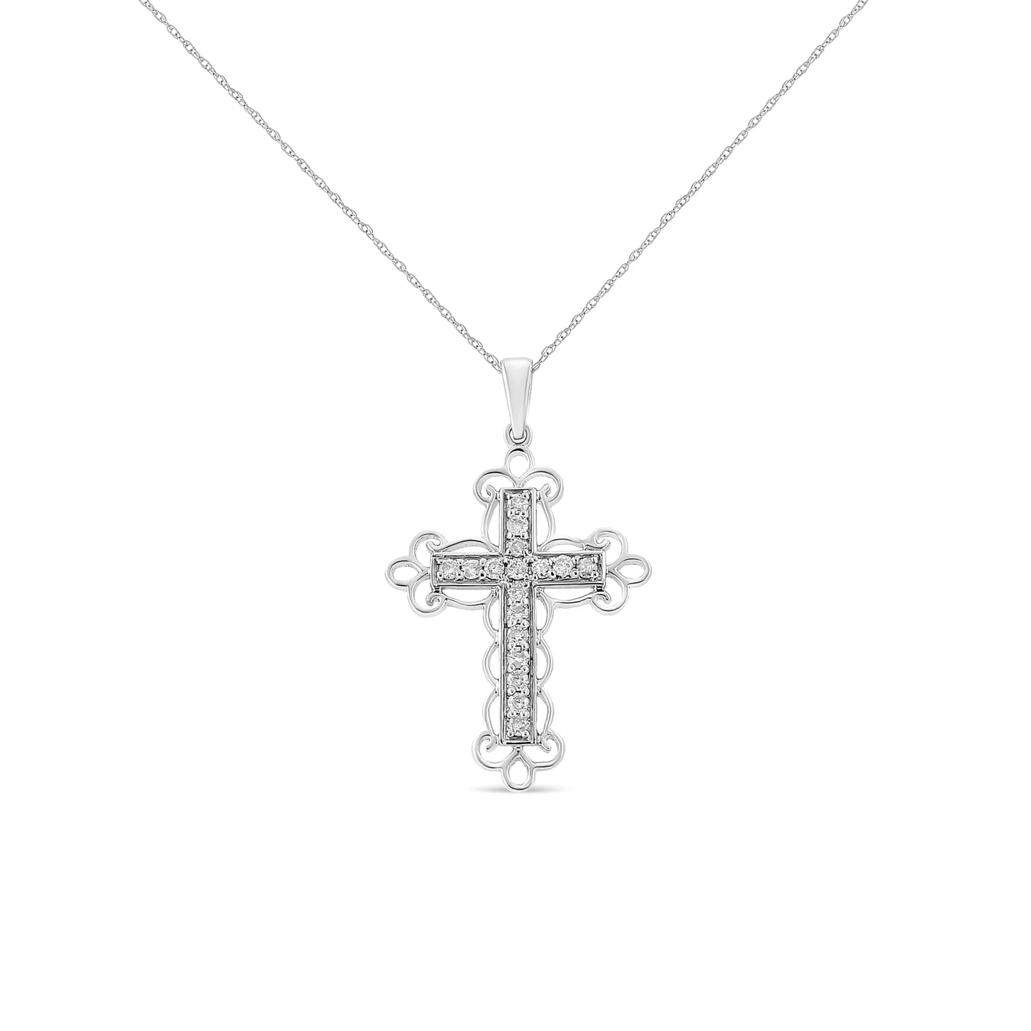 .925 Sterling Silver 1/4 Cttw Round Cut Diamond Art Deco Style Cross 18" Pendant Necklace (J-K Color, I2-I3 Clarity)