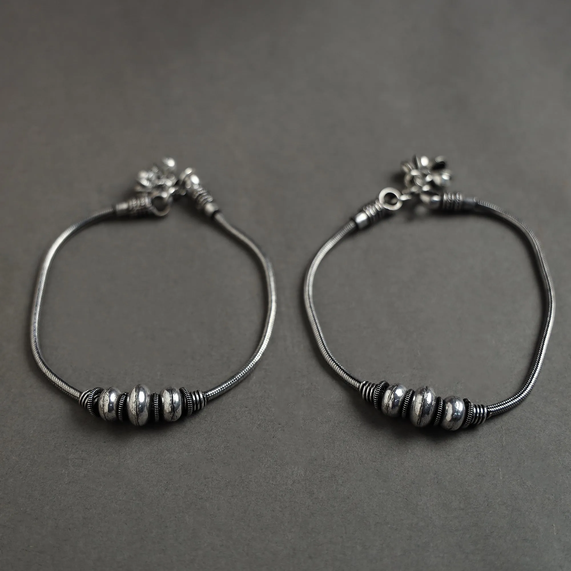 Antique Finish Oxidised White Metal Anklet Pair 15