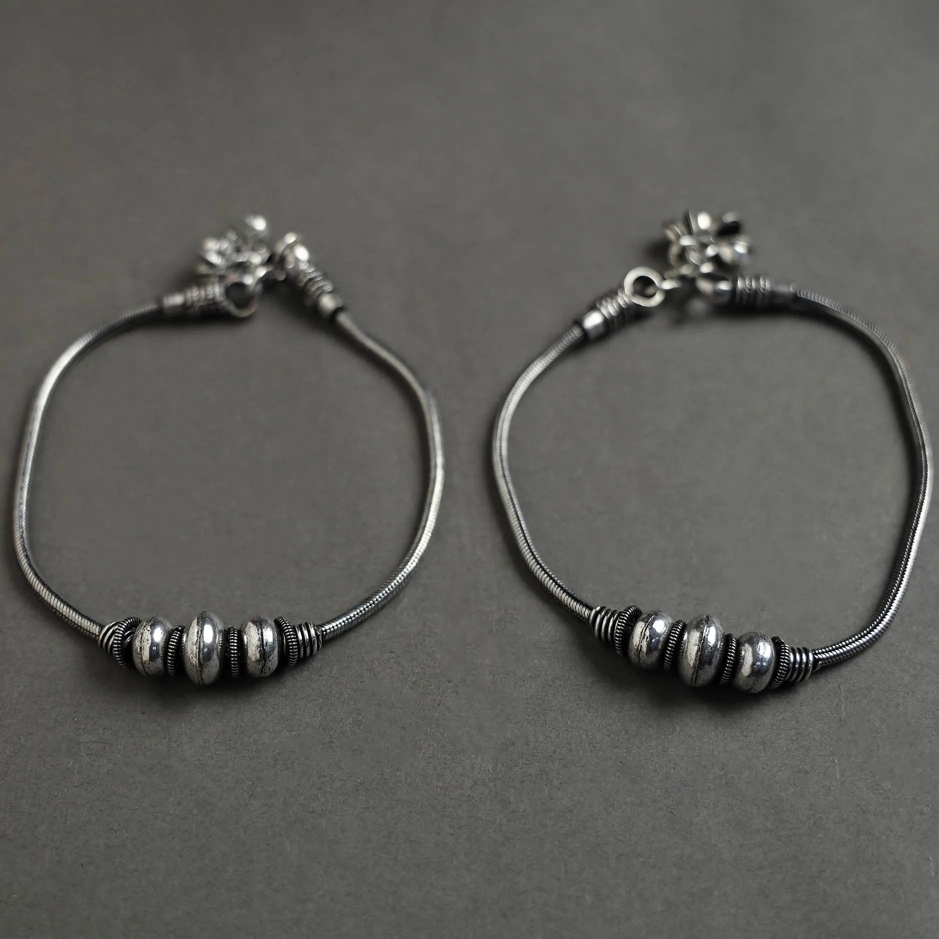 Antique Finish Oxidised White Metal Anklet Pair 15