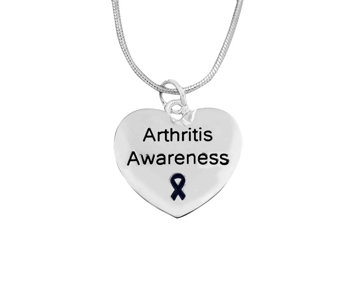 Arthritis Awareness Dark Blue Ribbon Heart Charm Necklaces