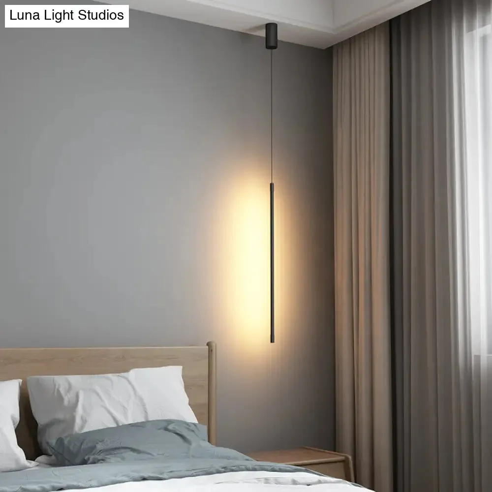 Black LED Stick Pendant: Bedroom Linear Suspension Lighting with Minimalist Metal Design