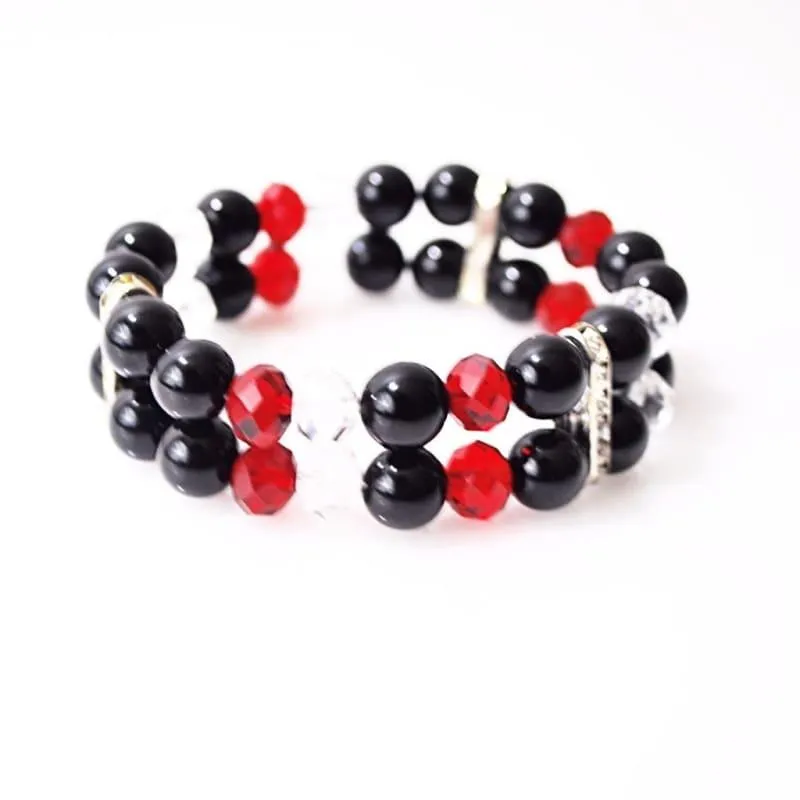 Black Onxy with Red and White Crystal Double Strands Women's Bracelets