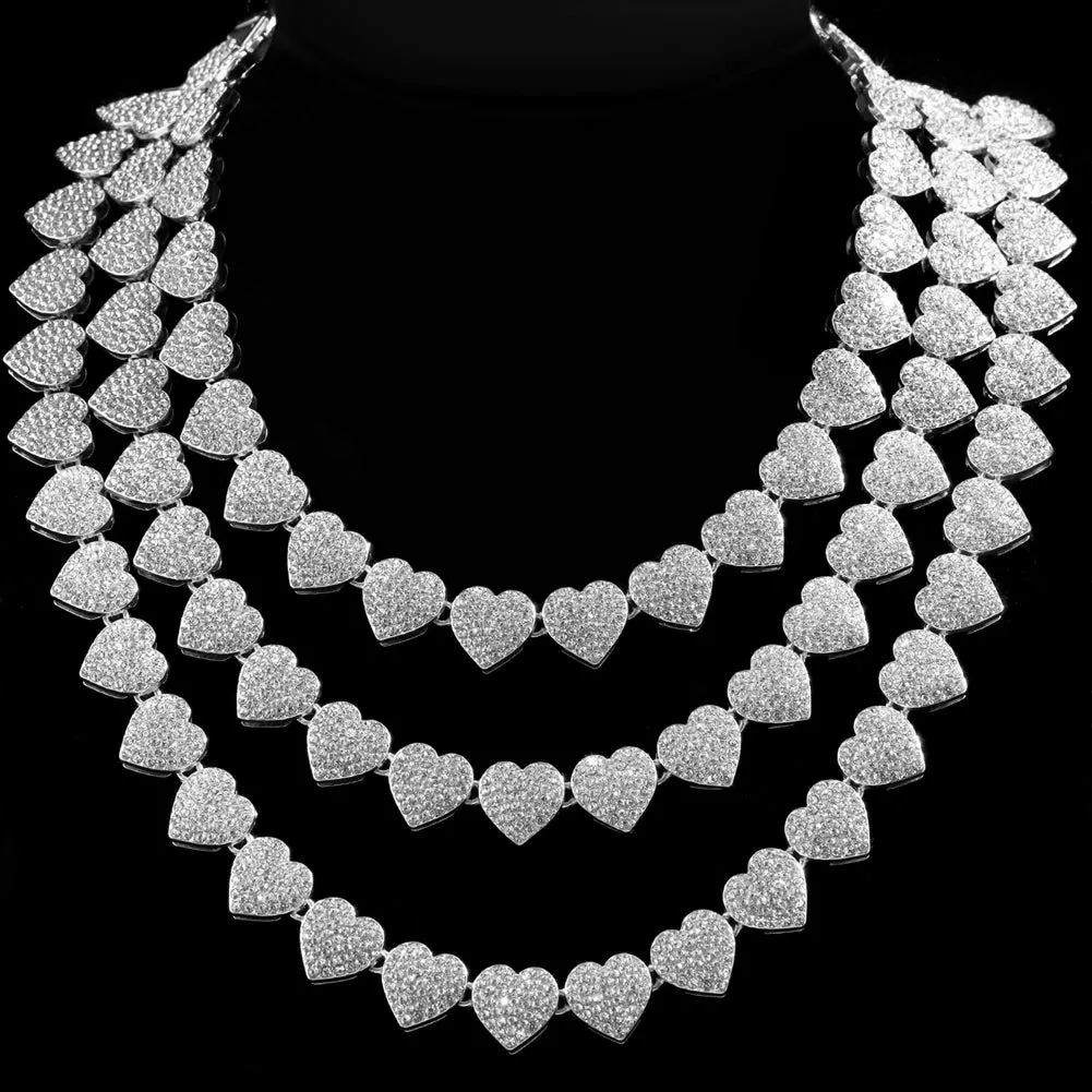 Bling Luxury Crystal Heart Cuban Link Chain Necklace - Women's Iced Out Hip Hop Square & Round Tennis Choker Jewelry