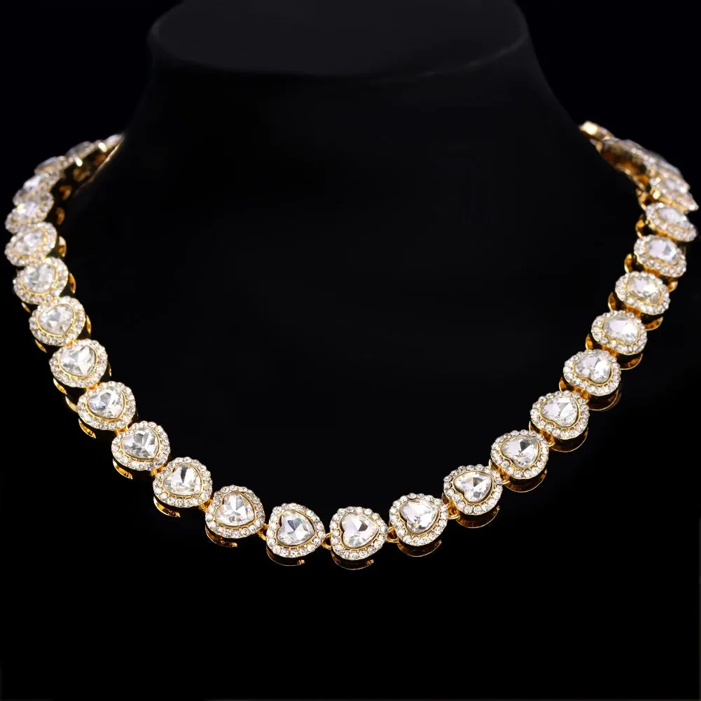 Bling Luxury Crystal Heart Cuban Link Chain Necklace - Women's Iced Out Hip Hop Square & Round Tennis Choker Jewelry