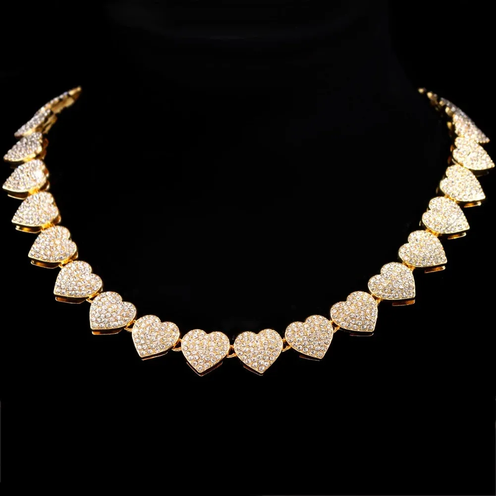 Bling Luxury Crystal Heart Cuban Link Chain Necklace - Women's Iced Out Hip Hop Square & Round Tennis Choker Jewelry