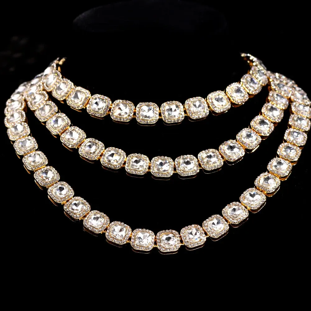 Bling Luxury Crystal Heart Cuban Link Chain Necklace - Women's Iced Out Hip Hop Square & Round Tennis Choker Jewelry