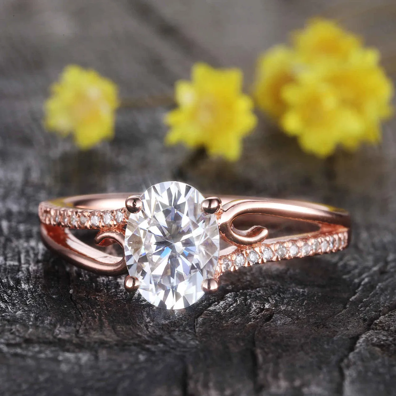 Brilliant moissanite engagement ring 14K rose gold diamond wedding band promise ring anniversary ring