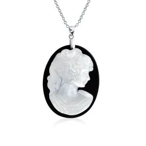 Classic Victorian Black & White Cameo Pendant Necklace in Sterling Silver