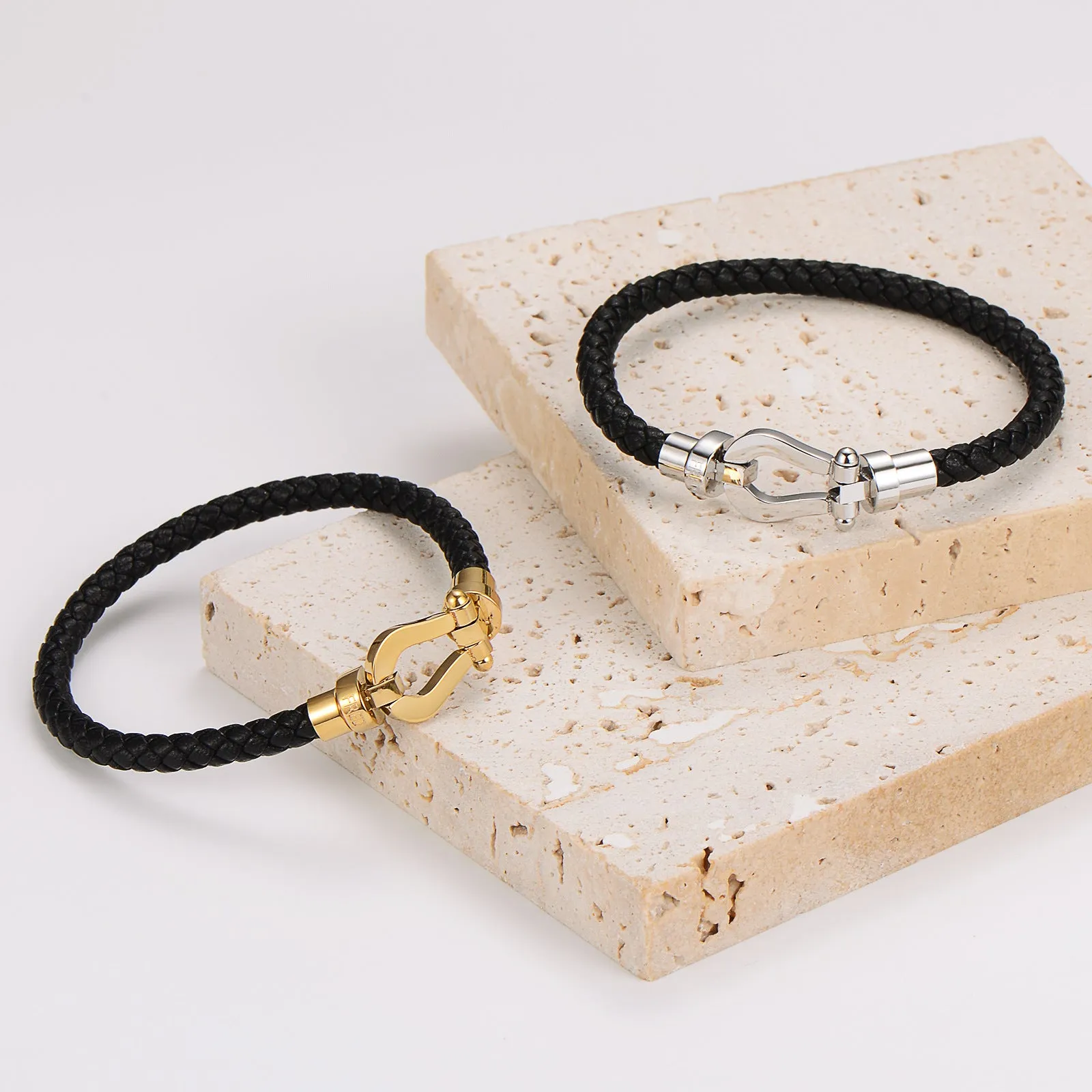 Couple Versatile Checkered Stripe Hollow Geometric Leather Bangles