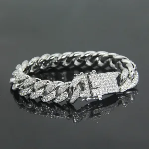 Dazzling Shiny Cuban Chunky Chain Bracelet – Silver Rhinestone Punk Hip Hop Wristband for Men & Women, Ultimate Fashion Jewelry Gift