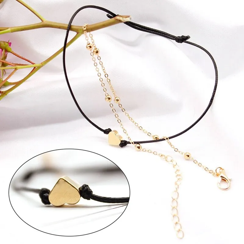 Double Ankle Chain Heart Pendant Black Leather Rope Anklet