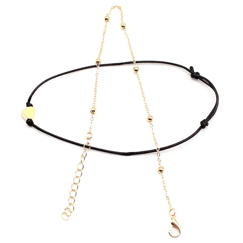 Double Ankle Chain Heart Pendant Black Leather Rope Anklet