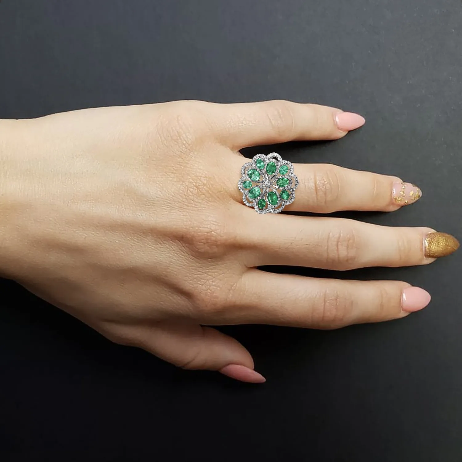 Emerald and Diamond Flower Ring