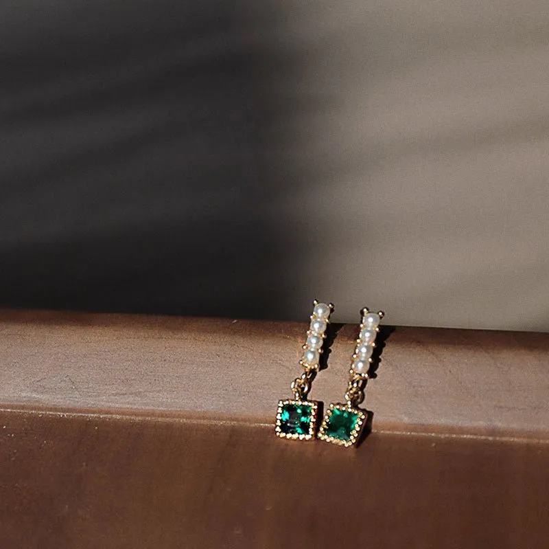 Emerald and Pearl Square Drop Earrings