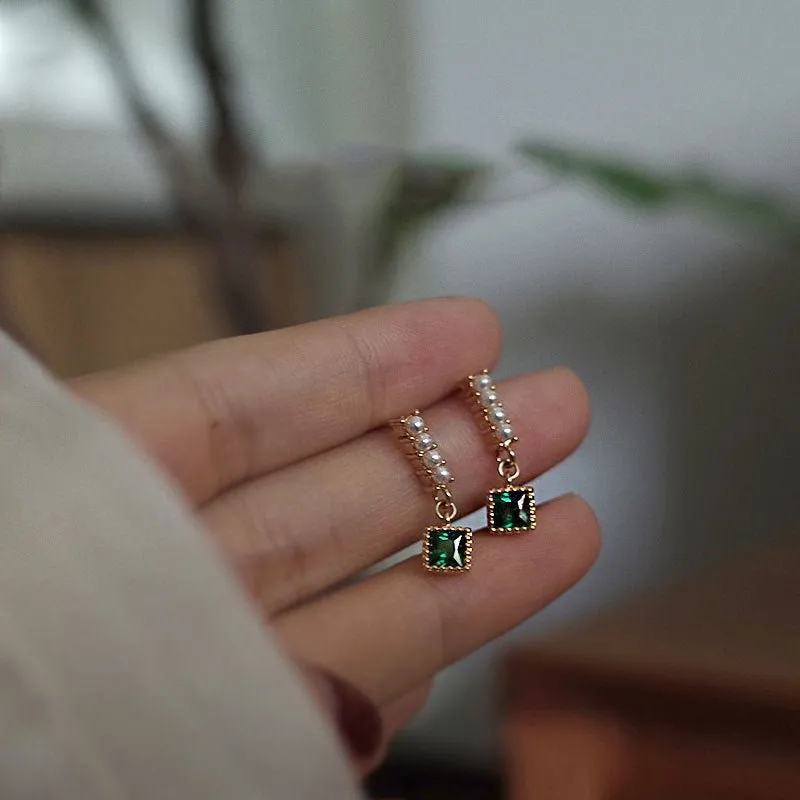 Emerald and Pearl Square Drop Earrings