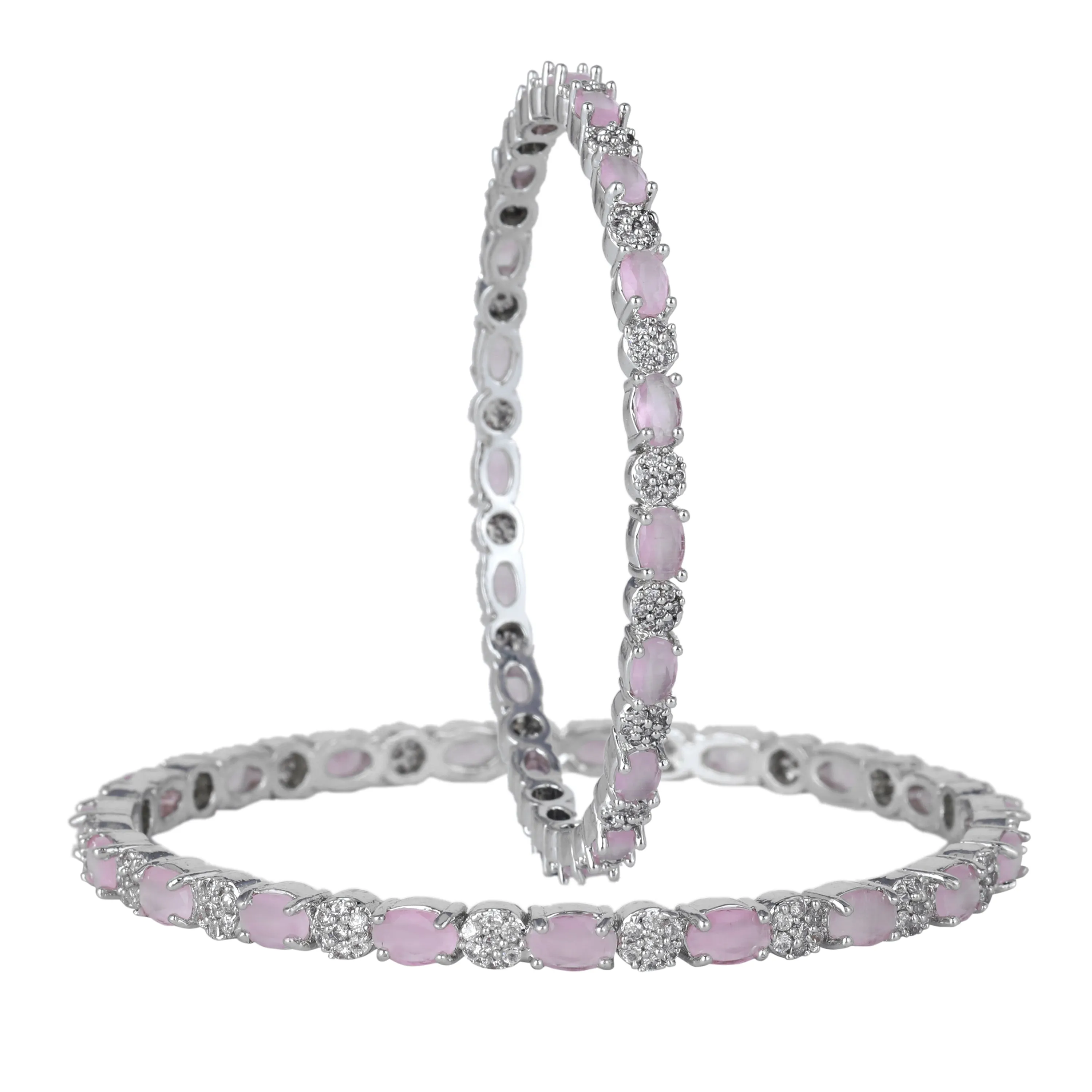 Estele Rhodium Plated Glossy Mint Pink American Diamond Bangles |Available in 2:4, 2:6, & 2:8 Sizes|A Timeless Look for Women