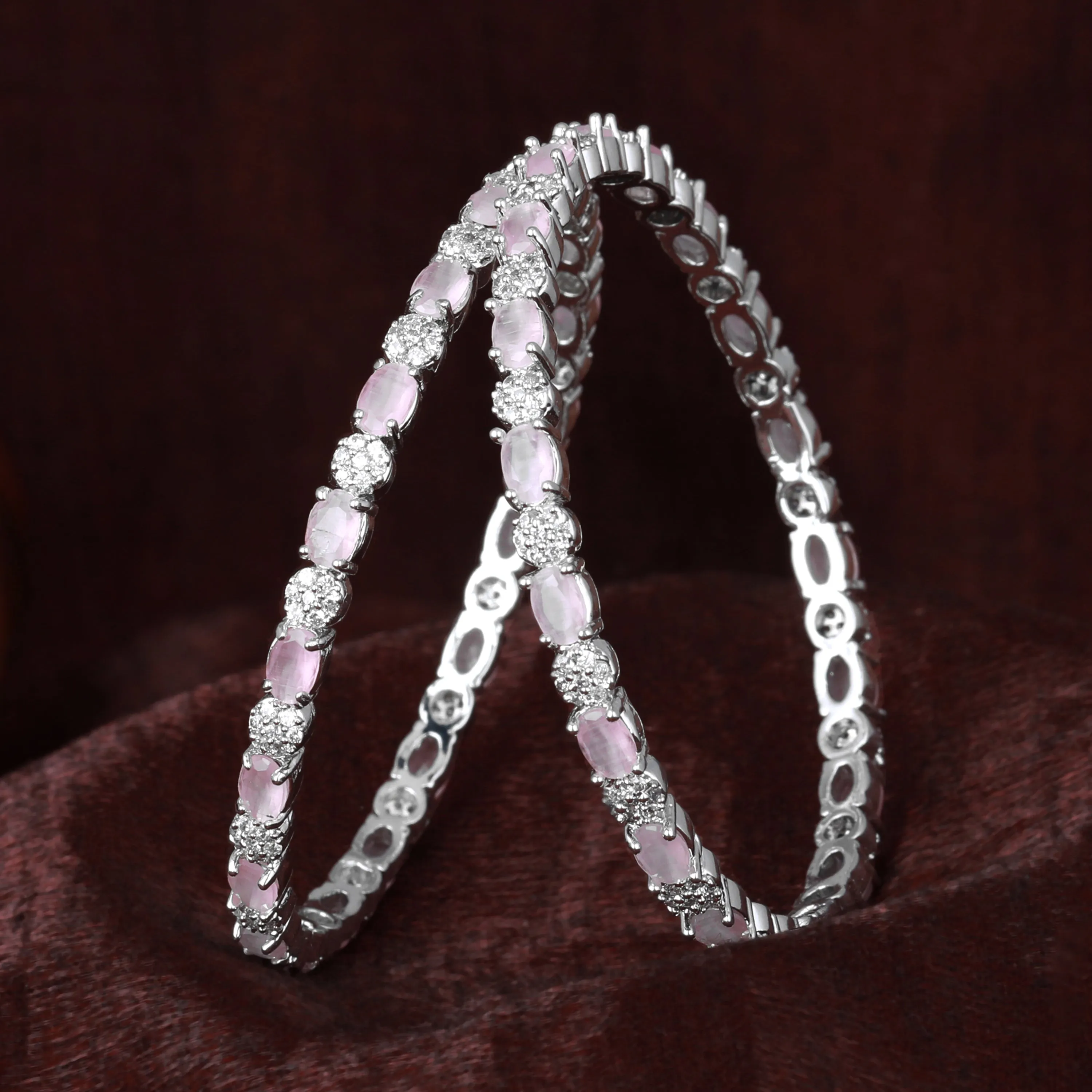 Estele Rhodium Plated Glossy Mint Pink American Diamond Bangles |Available in 2:4, 2:6, & 2:8 Sizes|A Timeless Look for Women