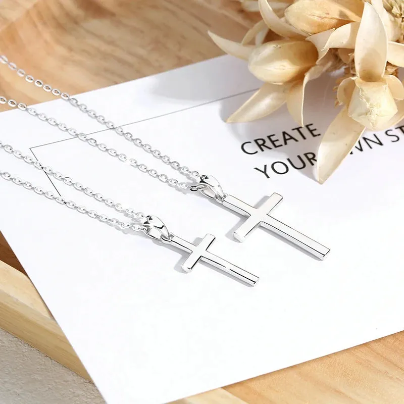 EUDORA 925 Sterling Silver Minimalist Cross Necklace - Tiny Dainty Pendant in Small or Large Size