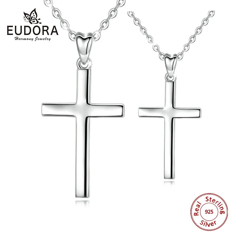 EUDORA 925 Sterling Silver Minimalist Cross Necklace - Tiny Dainty Pendant in Small or Large Size