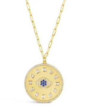 Evil Eye CZ Sun Dial Coin Pendant Necklace