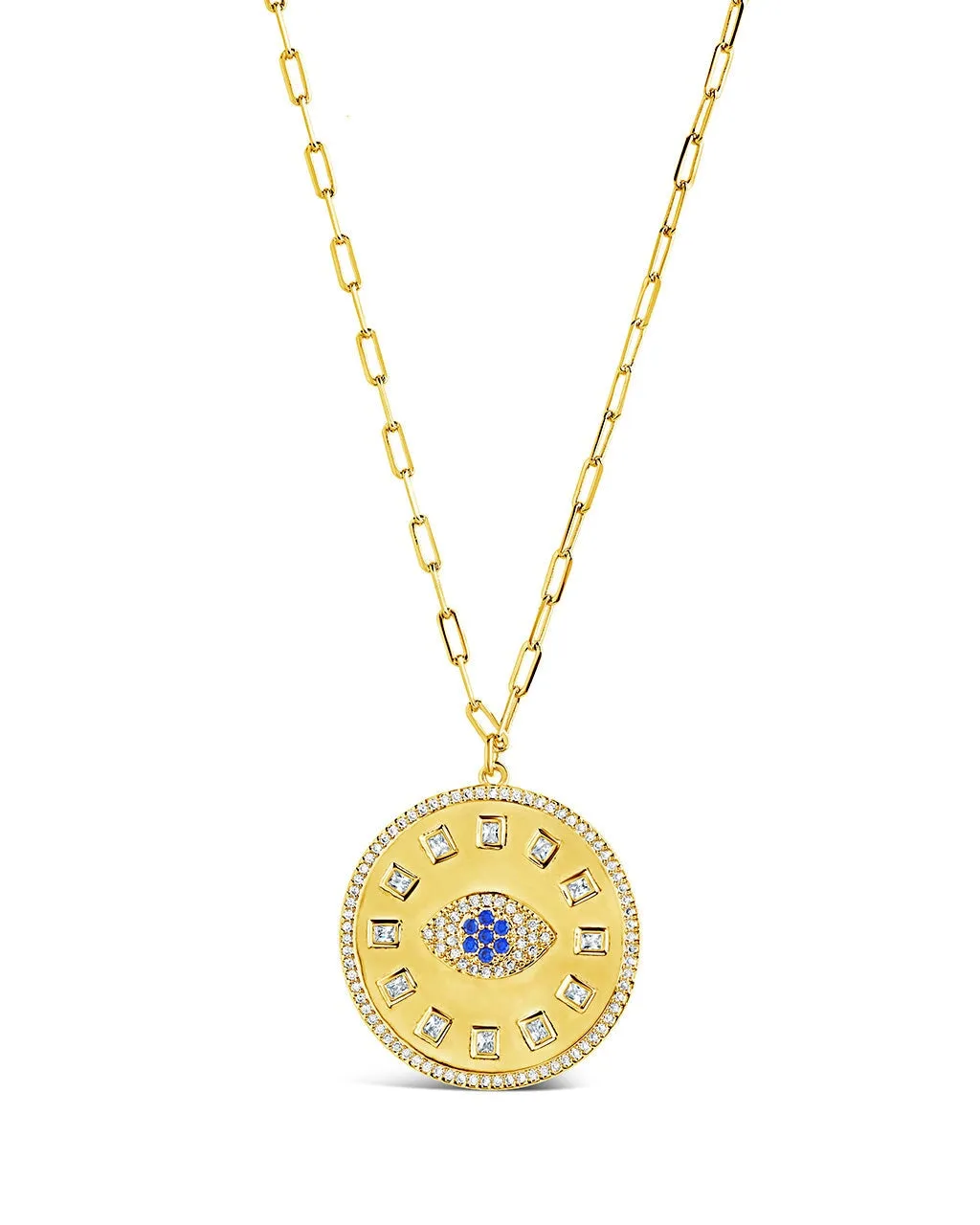 Evil Eye CZ Sun Dial Coin Pendant Necklace