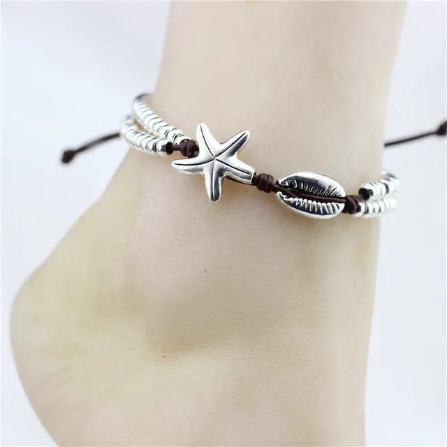 Fashion Jewelry Starfish Seashell Charms Leather Beads Summer Beach Foot Anklet