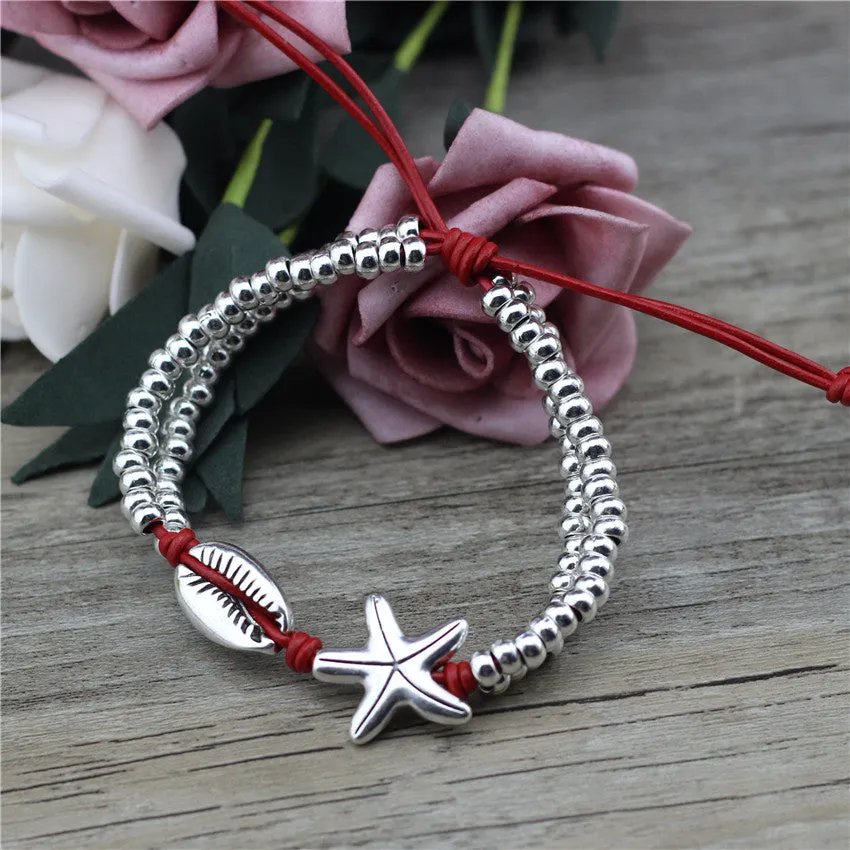 Fashion Jewelry Starfish Seashell Charms Leather Beads Summer Beach Foot Anklet