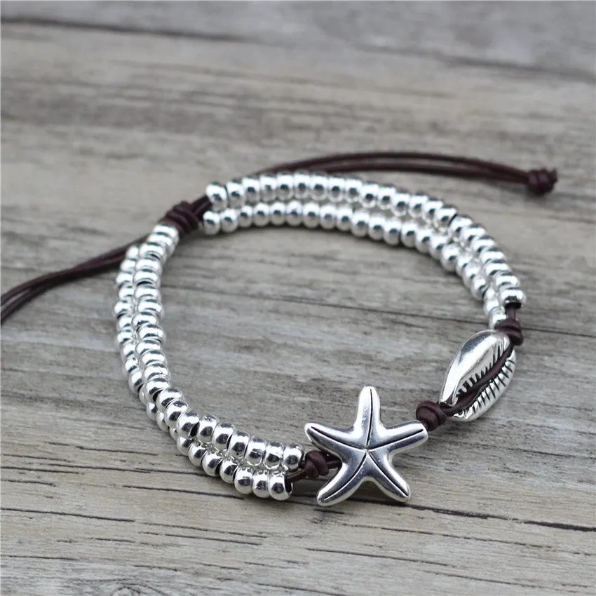 Fashion Jewelry Starfish Seashell Charms Leather Beads Summer Beach Foot Anklet