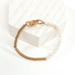 Gold Metal Disk Beaded Bracelet with a White Pearl Accent