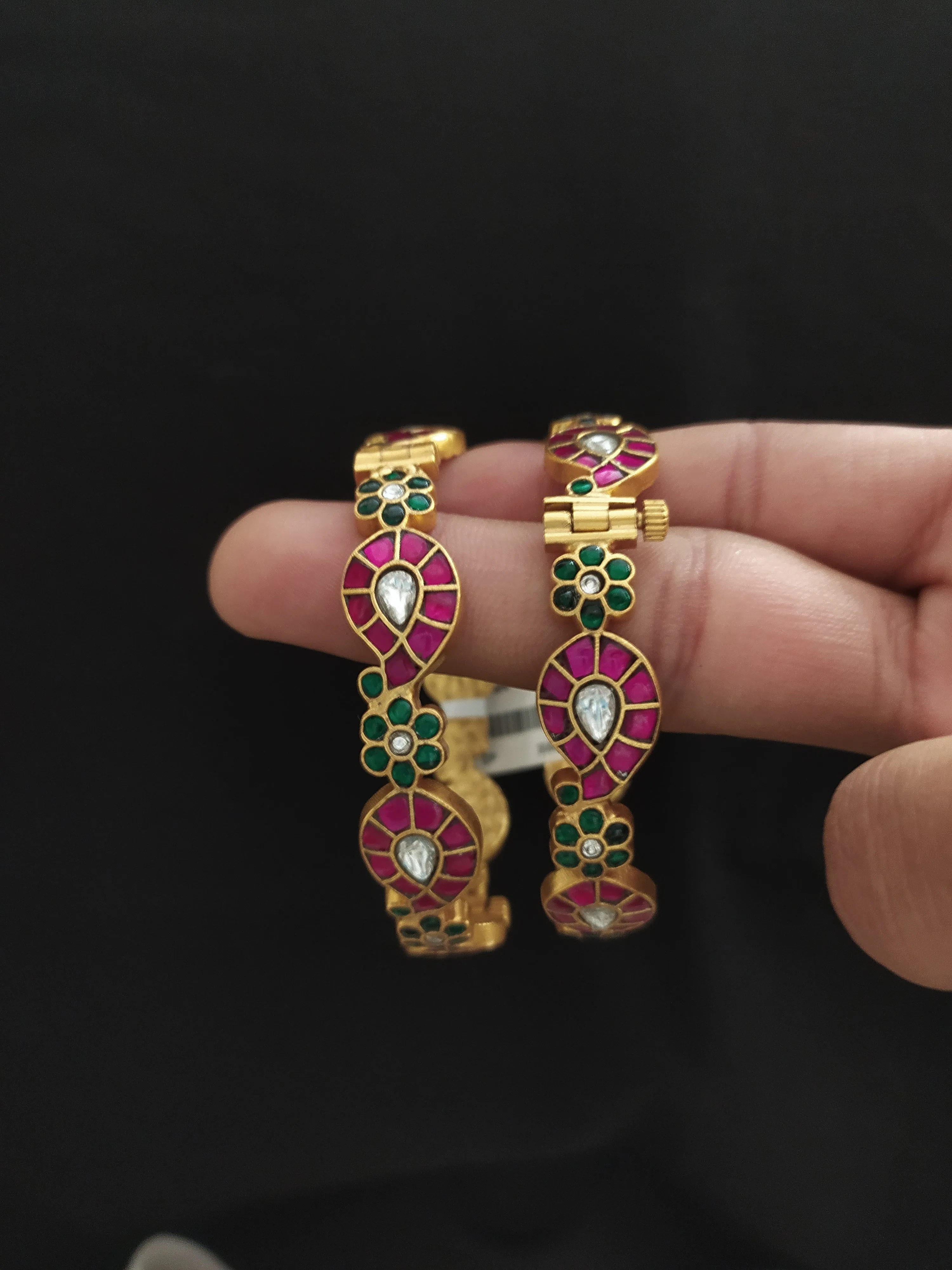 Gold-Replica Jadau Kundan Mango-Floral Kada Bangles (Screw Type)