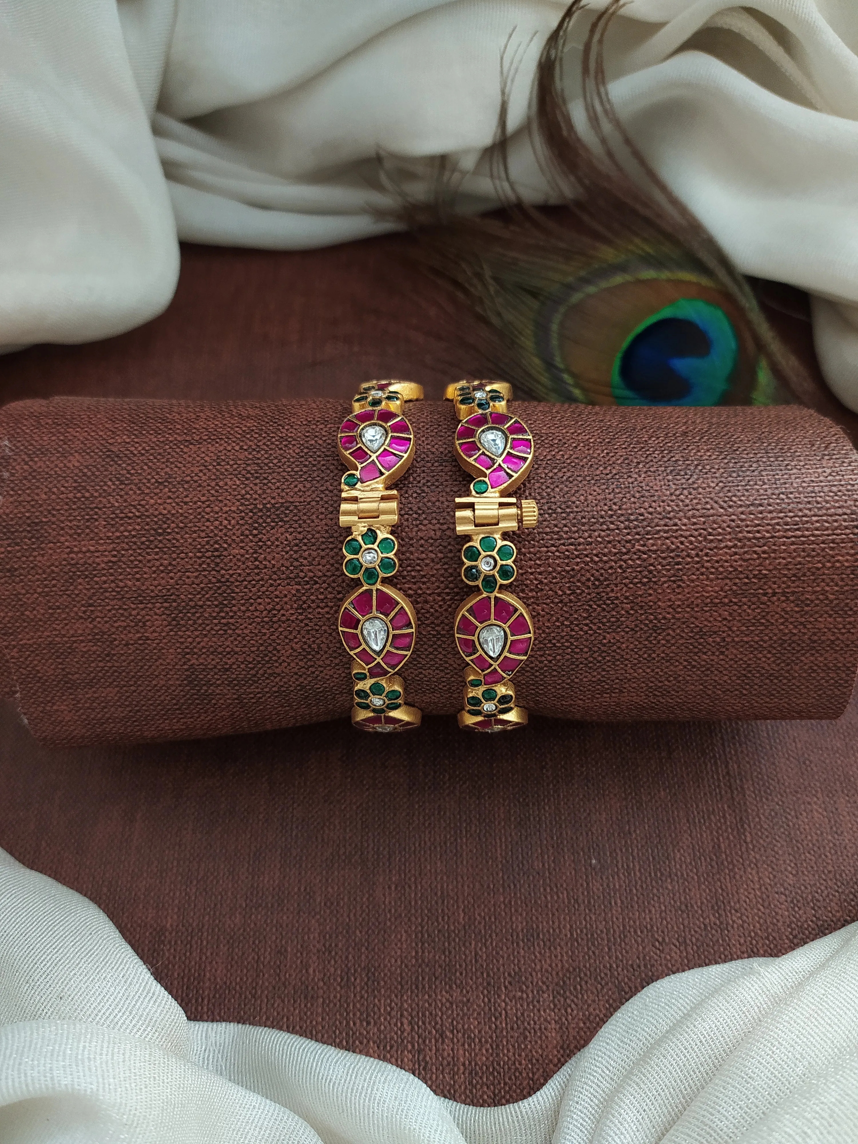 Gold-Replica Jadau Kundan Mango-Floral Kada Bangles (Screw Type)