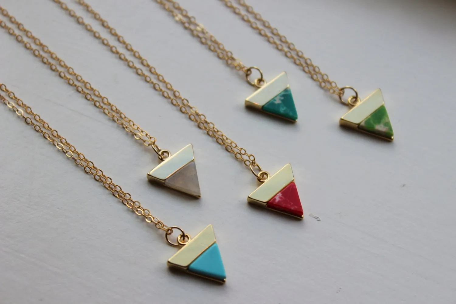 Gold Triangle Necklace, Triangle Jewelry Marble Necklace Marble Jewelry Minimalist Jewelry Bridesmaid Gift Dainty Labradorite Ruby Turquoise