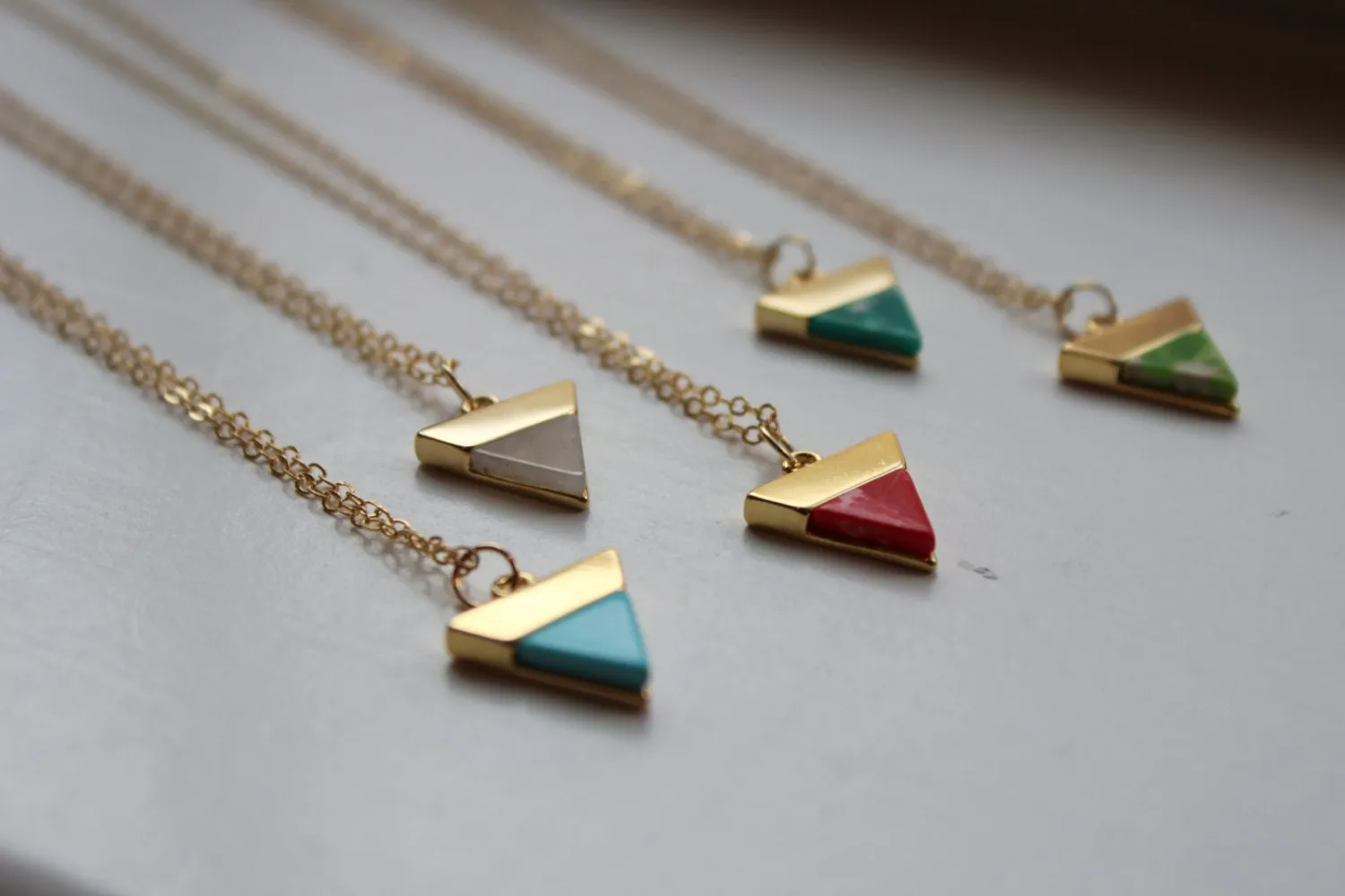 Gold Triangle Necklace, Triangle Jewelry Marble Necklace Marble Jewelry Minimalist Jewelry Bridesmaid Gift Dainty Labradorite Ruby Turquoise