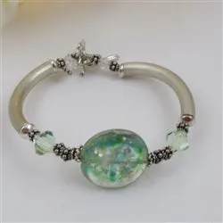 Green Handmade Artisan Bead & Silver Bangle Bracelet