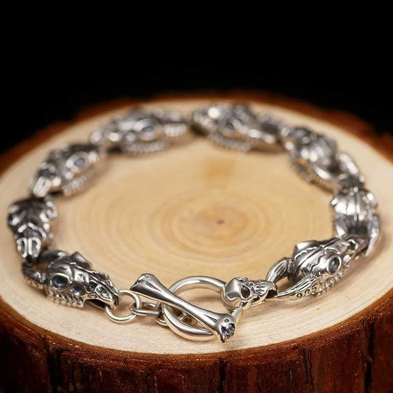 Handmade 925 Silver Men Skulls Bracelet Thai Silver Men's Bracelets Vintage Rock Jewelry