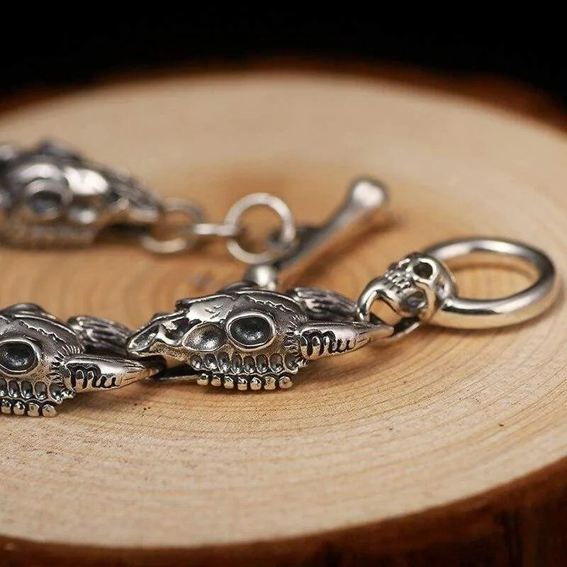 Handmade 925 Silver Men Skulls Bracelet Thai Silver Men's Bracelets Vintage Rock Jewelry