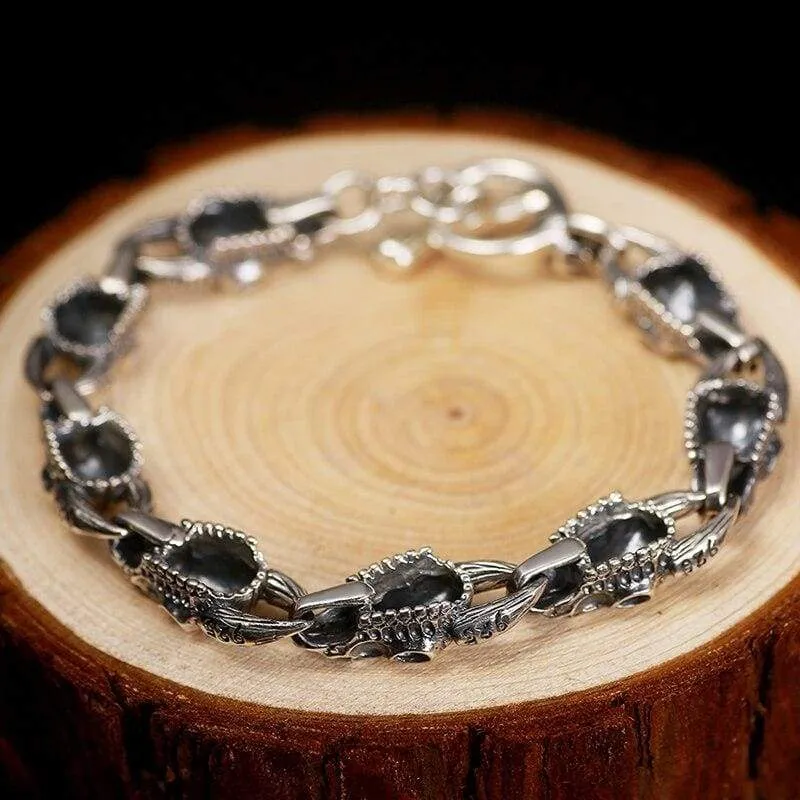 Handmade 925 Silver Men Skulls Bracelet Thai Silver Men's Bracelets Vintage Rock Jewelry