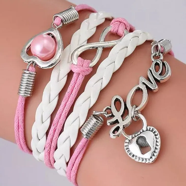 Handmade leather braided bracelet with variety of charms