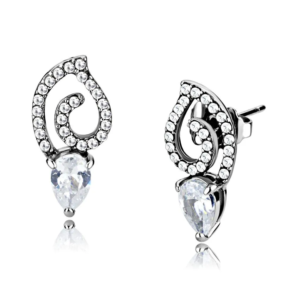 High polished (no plating) Stainless Steel Earrings with AAA Grade CZ in Clear for Women Clear Stone Color Style DA291